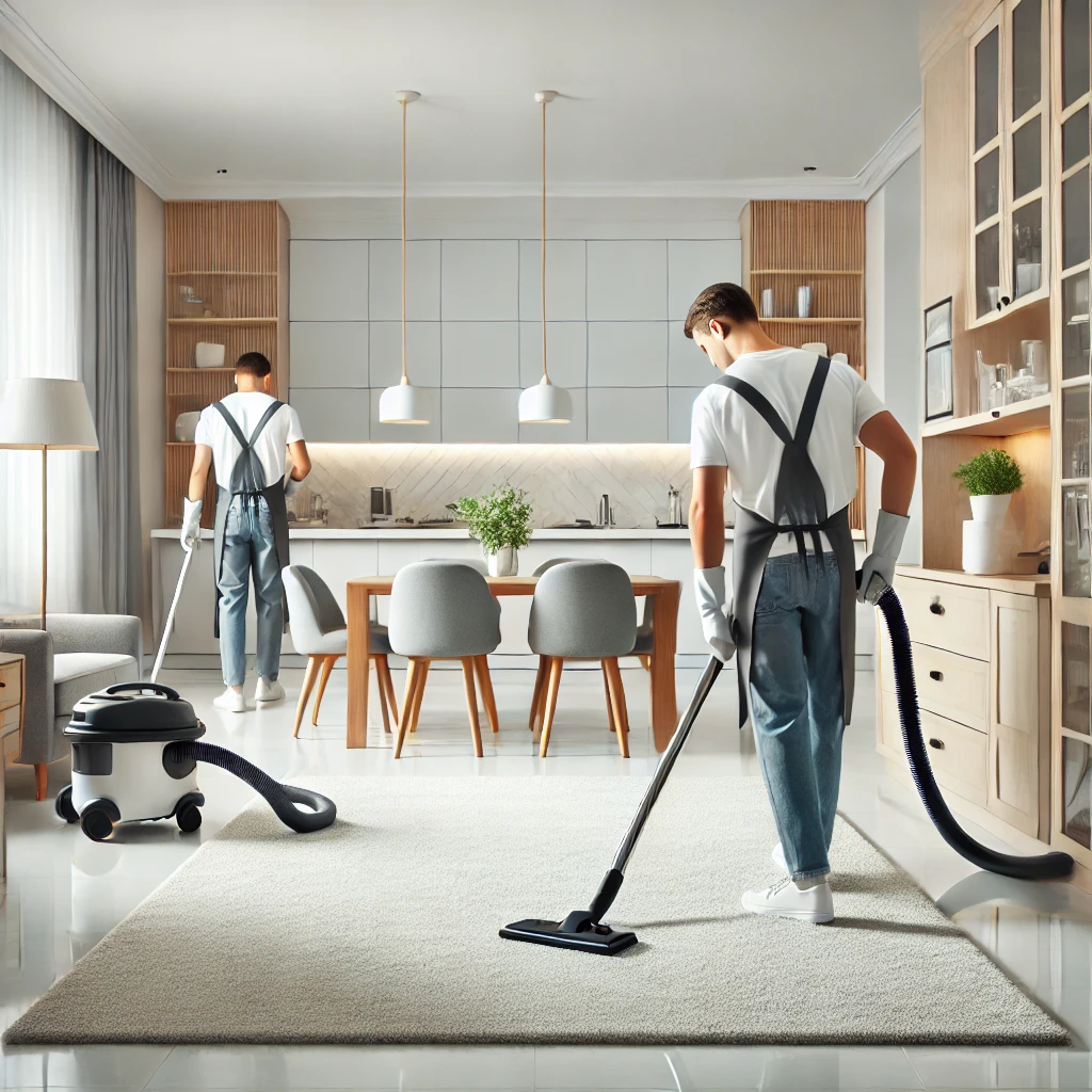 DALL·E 2025-02-24 01.20.59 - A modern and clean room being professionally cleaned. A worker in uniform is vacuuming the carpet while another is wiping down surfaces. The space is